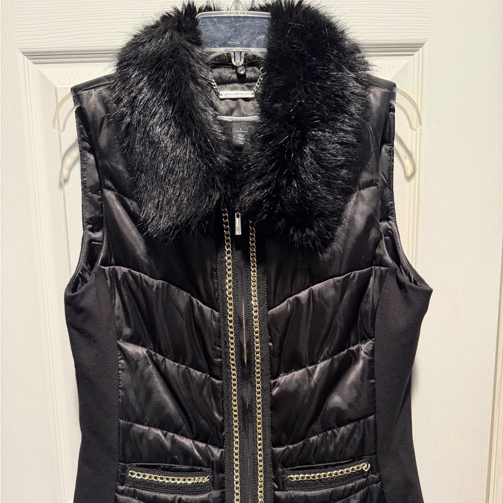 White House Black Market Black Quilted Vest with Faux Fur Collar